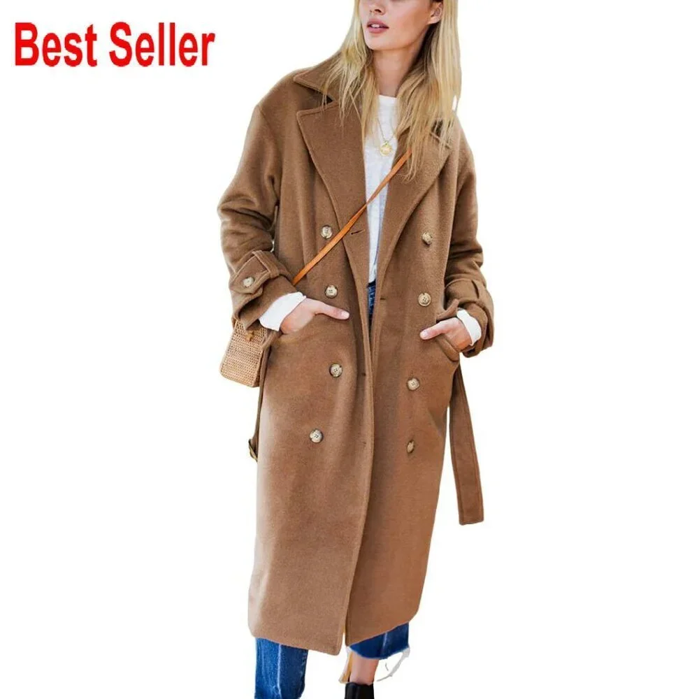 Wool Trench Coat Classic Double Breasted Oversized Chic Fall Winter Peacoat